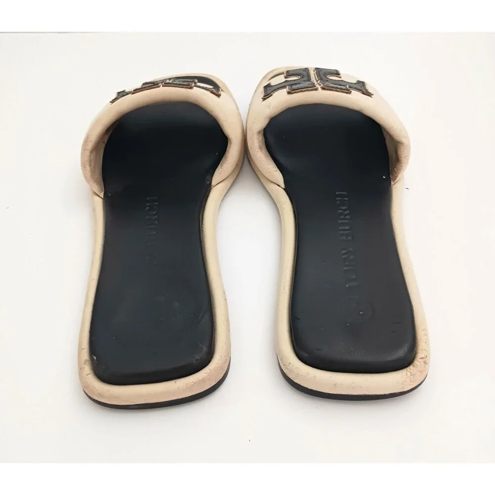 Tory Burch Double T Logo Sport Slide Cream/ Black Leather Wide Straps 7.5M
